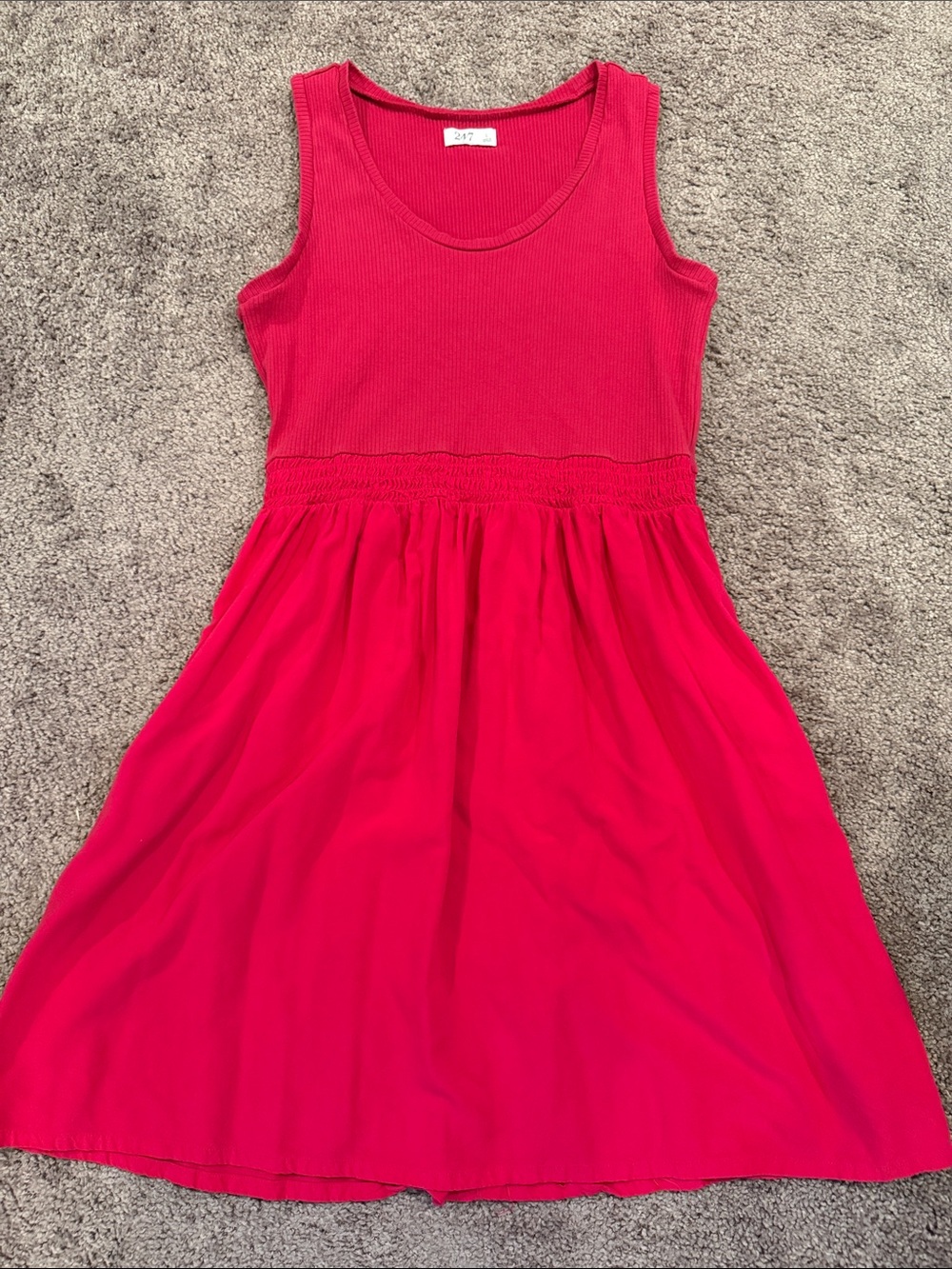 Sleeveless Ribbed-Waist Midi Dress in Bright Red/Pink